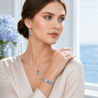 Lab - Grown Sapphire & Aquamarine Jewelry Set — Earrings, Bracelet & Necklace - Reymey
