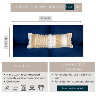 Decorative pillow with wash care instructions and recommended insert size on a blue couch.