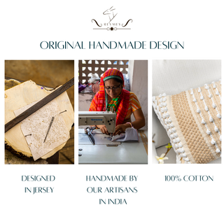 Collage of a sewing machine, a woman working with fabric, and a finished product with text about handmade design and materials.