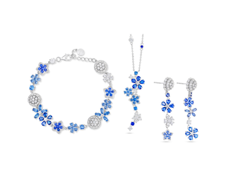 reymey  Jewelry set with floral designs featuring blue and clear stones on a white background