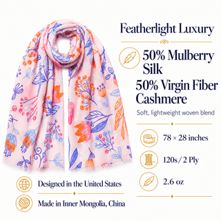 Silk Cashmere Scarf – Floral Print Long Shawl Wrap for Women - Reymey