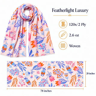 Silk Cashmere Scarf – Floral Print Long Shawl Wrap for Women - Reymey