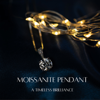 Moissanite pendant with string lights on a dark background