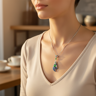Woman wearing a necklace with a pendant in a warm indoor setting