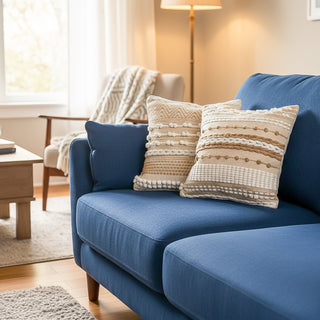 Blue sofa with patterned cushions in a living room setting