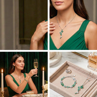Woman in a green dress wearing a necklace, holding a glass of champagne, and jewelry set on display.