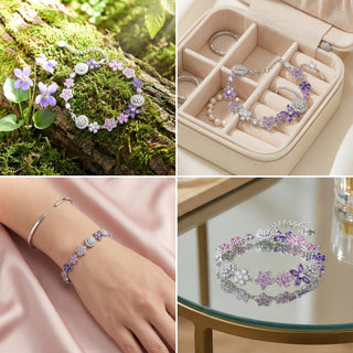 Collage of floral jewelry including a bracelet, ring, and headband on a natural and decorative background.