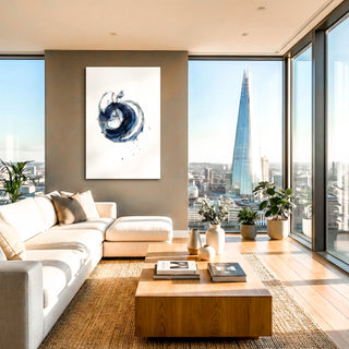 Modern living room with a cityscape view through large windows, featuring a white sofa, wooden coffee table, and decorative items.