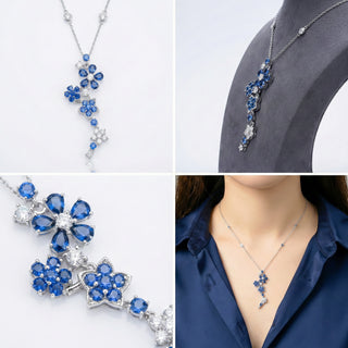 Collage of a blue gemstone necklace with silver accents on a white background.