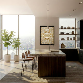Modern kitchen with marble island, bar stools, and cityscape view