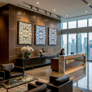 Modern lobby with reception desk, chairs, and cityscape view