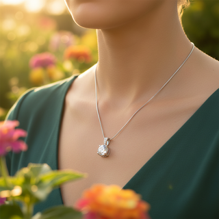 Woman wearing a silver necklace with a pendant, standing in a garden with flowers.
