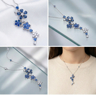 Collage of a blue floral necklace on various backgrounds