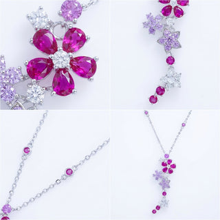 Jewelry set with pink and purple gemstones on a white background