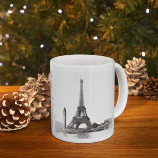 Hand Sketched Image of the Eiffel Towe in Paris -  Ceramic Mug 11oz Dishwasher and Microwave safe White