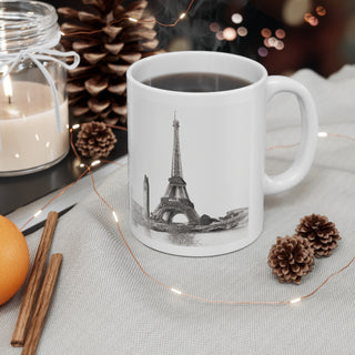 Hand Sketched Image of the Eiffel Towe in Paris -  Ceramic Mug 11oz Dishwasher and Microwave safe White