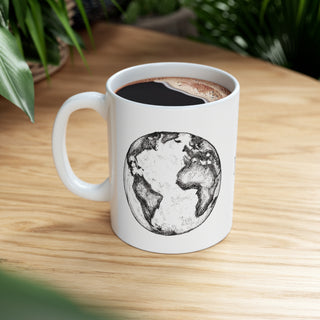 Hand Sketched Image of the Planet Earth -  Ceramic Mug 11oz Dishwasher and Microwave safe White