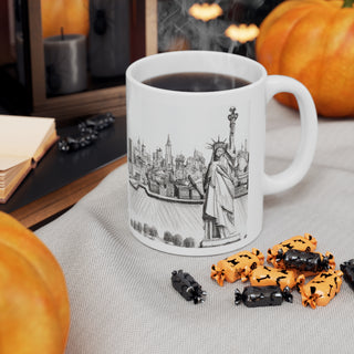 Hand Sketched NY City and Statue of Liberty -  Ceramic Mug 11oz