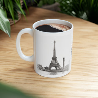 Hand Sketched Image of the Eiffel Towe in Paris -  Ceramic Mug 11oz Dishwasher and Microwave safe White