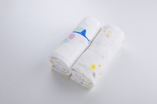 70% Bamboo 30% Cotton Muslin Baby Swaddle Receiving Blanket - Whale & Golden Stars - Large 2 Pack