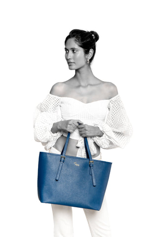 Reymey Calf-Skin Saffiano Leather Tote Bag - Blue with FREE handmade cotton scarf