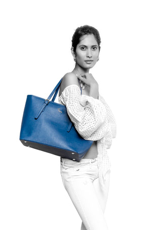 Reymey Calf-Skin Saffiano Leather Tote Bag - Blue with FREE handmade cotton scarf