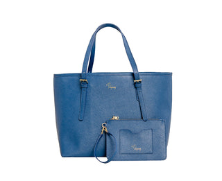 Reymey Calf-Skin Saffiano Leather Tote Bag - Blue with FREE handmade cotton scarf