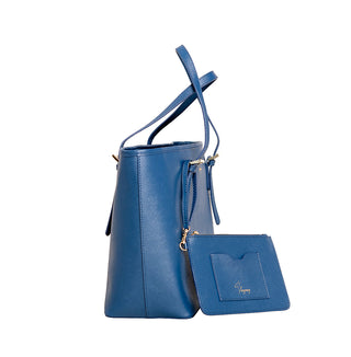 Reymey Calf-Skin Saffiano Leather Tote Bag - Blue with FREE handmade cotton scarf