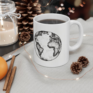 Hand Sketched Image of the Planet Earth -  Ceramic Mug 11oz Dishwasher and Microwave safe White