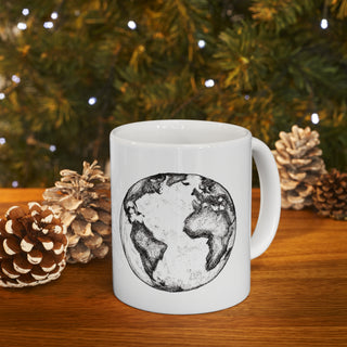 Hand Sketched Image of the Planet Earth -  Ceramic Mug 11oz Dishwasher and Microwave safe White