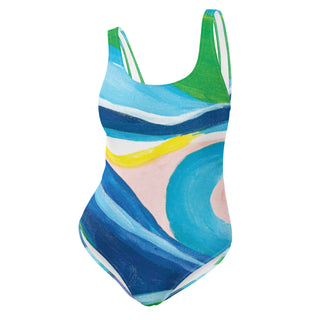 Women's One-Piece Swimwear with Colorful Typography