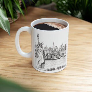 Hand Sketched NY City and Statue of Liberty -  Ceramic Mug 11oz