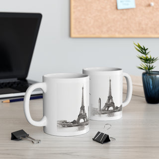 Hand Sketched Image of the Eiffel Towe in Paris -  Ceramic Mug 11oz Dishwasher and Microwave safe White