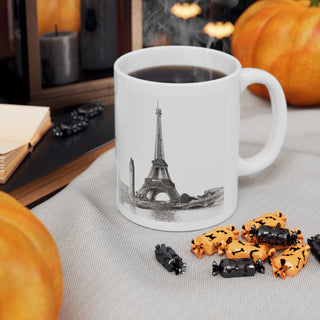 Hand Sketched Image of the Eiffel Towe in Paris -  Ceramic Mug 11oz Dishwasher and Microwave safe White