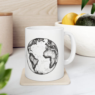 Hand Sketched Image of the Planet Earth -  Ceramic Mug 11oz Dishwasher and Microwave safe White