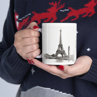 Hand Sketched Image of the Eiffel Towe in Paris -  Ceramic Mug 11oz Dishwasher and Microwave safe White