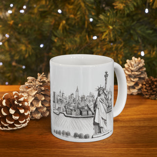 Hand Sketched NY City and Statue of Liberty -  Ceramic Mug 11oz