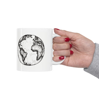 Hand Sketched Image of the Planet Earth -  Ceramic Mug 11oz Dishwasher and Microwave safe White